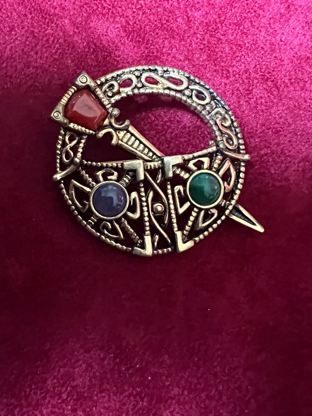Round Celtic Brooch Pin with Red, Blue, and Green Stones